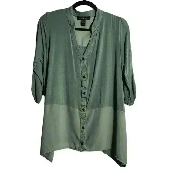 AUGUST SILK See-through Panels Button Down Flowy Green Blouse Size Medium - Picture 1 of 16